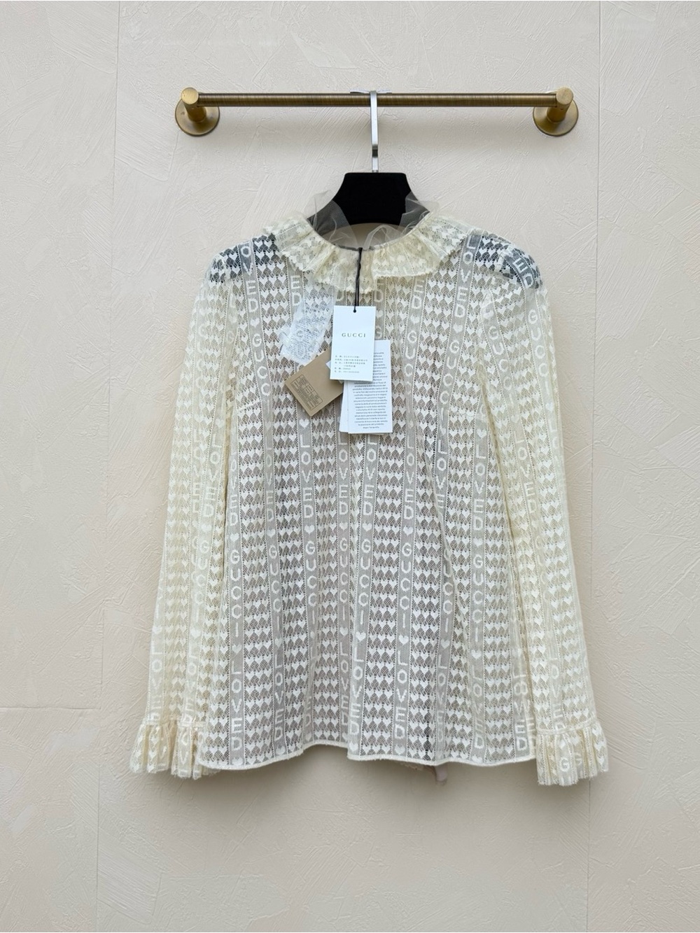 🚩steal Gucci Blush Beige Satin-Trim Lace Top